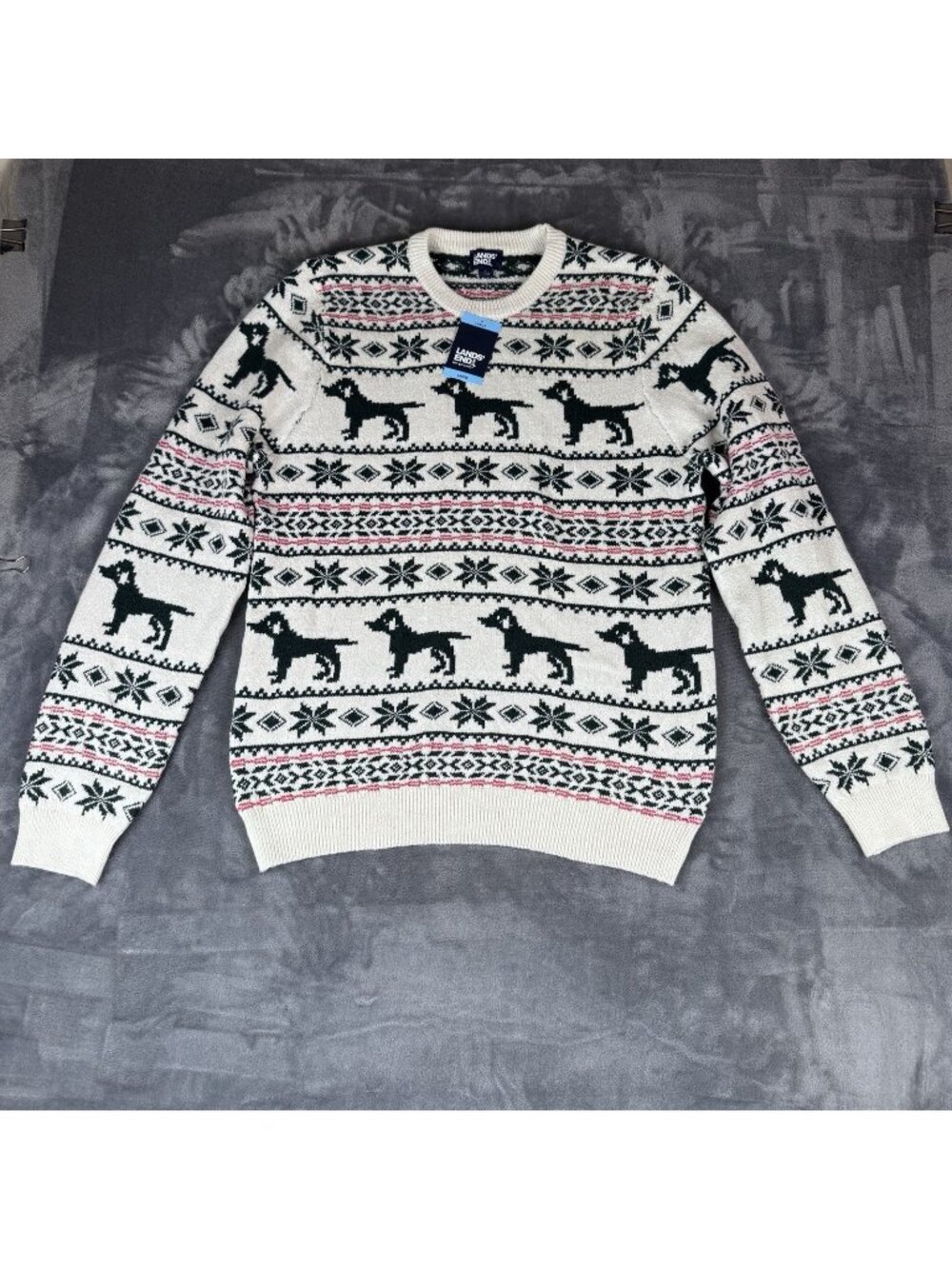 Lands End Sweater Adult Large Multicolor Fair Isle Knit Crewneck Geometric Dog